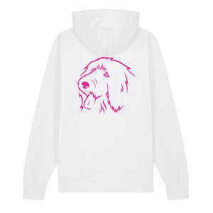 Magenta outline illustration of the head of an Old English Sheepdog on the back of a white unisex Hoodie