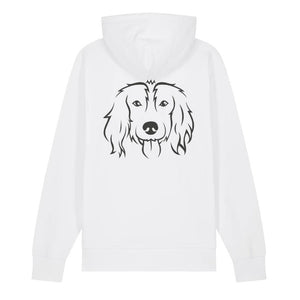 Black outline illustration of the head of a Spaniel on the back of a white unisex Hoodie