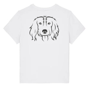 Black outline illustration of the head of a Spaniel on the back of a white ladies t-shirt
