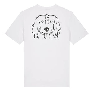 Black outline illustration of the head of a Spaniel on the back of a white unisex t-shirt