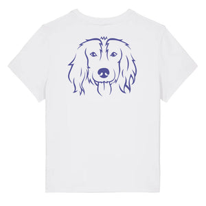 Blue outline illustration of the head of a Spaniel on the back of a white ladies t-shirt