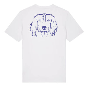 Blue outline illustration of the head of a Spaniel on the back of a white unisex t-shirt