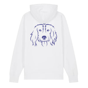 Blue outline illustration of the head of a Spaniel on the back of a white unisex Hoodie
