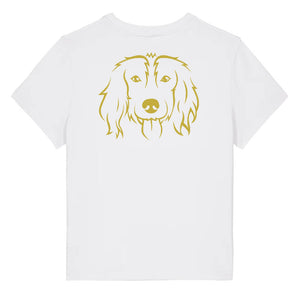 Gold outline illustration of the head of a Spaniel on the back of a white ladies t-shirt
