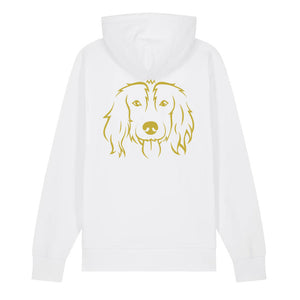 Gold outline illustration of the head of a Spaniel on the back of a white unisex Hoodie