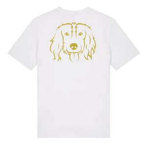 Gold outline illustration of the head of a Spaniel on the back of a white unisex t-shirt