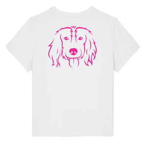 Magenta outline illustration of the head of a Spaniel on the back of a white ladies t-shirt