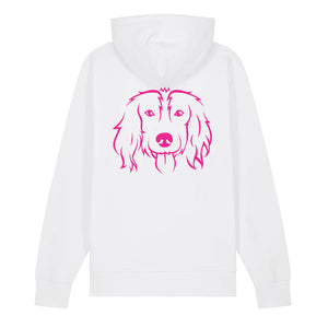 Magenta outline illustration of the head of a Spaniel on the back of a white unisex Hoodie
