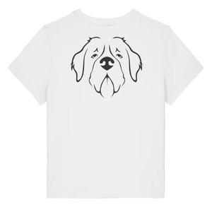 Black outline illustration of the head of a Saint Bernard on the back of a white ladies t-shirt