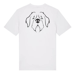 Black outline illustration of the head of a Saint Bernard on the back of a white unisex t-shirt