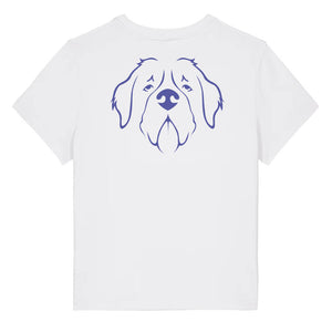 Blue outline illustration of the head of a Saint Bernard on the back of a white ladies t-shirt