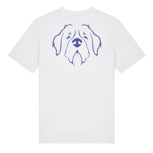 Blue outline illustration of the head of a Saint Bernard on the back of a white unisex t-shirt