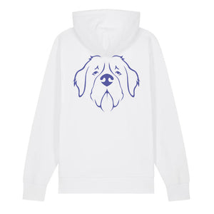 Blue outline illustration of the head of a Saint Bernard on the back of a white unisex Hoodie