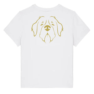 Gold outline illustration of the head of a Saint Bernard on the back of a white ladies t-shirt