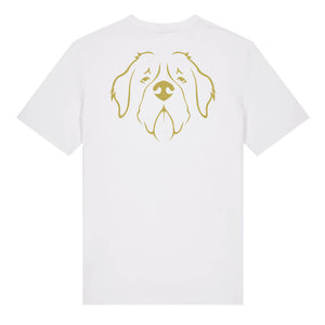 Gold outline illustration of the head of a Saint Bernard on the back of a white unisex t-shirt