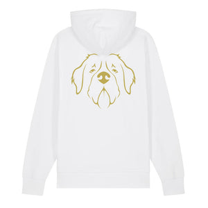 Gold outline illustration of the head of a Saint Bernard on the back of a white unisex Hoodie