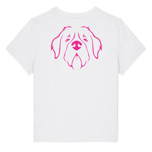 Magenta outline illustration of the head of a Saint Bernard on the back of a white ladies t-shirt