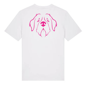 Magenta outline illustration of the head of a Saint Bernard on the back of a white unisex t-shirt