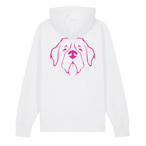 Magenta outline illustration of the head of a Saint Bernard on the back of a white unisex Hoodie