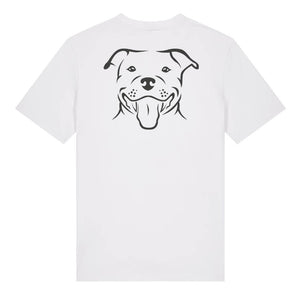 Black outline illustration of the head of a Staffordshire Bull Terrier on the back of a white unisex t-shirt