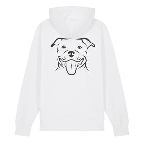 Black outline illustration of the head of a Staffordshire Bull Terrier on the back of a white unisex Hoodie