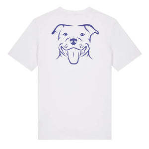 Blue outline illustration of the head of a Staffordshire Bull Terrier on the back of a white unisex t-shirt
