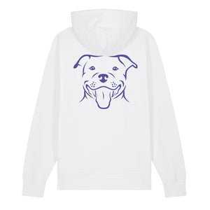 Blue outline illustration of the head of a Staffordshire Bull Terrier on the back of a white unisex Hoodie