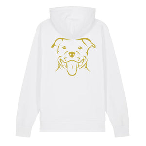 Gold outline illustration of the head of a Staffordshire Bull Terrier on the back of a white unisex Hoodie