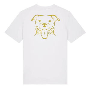 Gold outline illustration of the head of a Staffordshire Bull Terrier on the back of a white unisex t-shirt