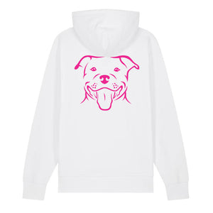 Magenta outline illustration of the head of a Staffordshire Bull Terrier on the back of a white unisex Hoodie