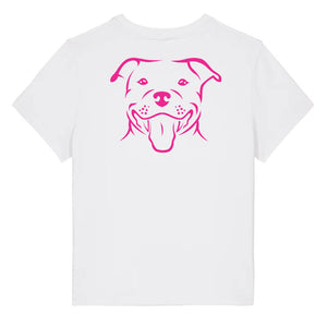 Magenta outline illustration of the head of a Staffordshire Bull Terrier on the back of a white ladies t-shirt