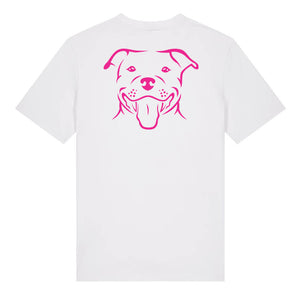 Magenta outline illustration of the head of a Staffordshire Bull Terrier on the back of a white unisex t-shirt