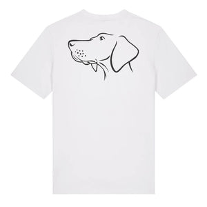 Black outline illustration of the head of a Hungarian Vizsla on the back of a white unisex t-shirt
