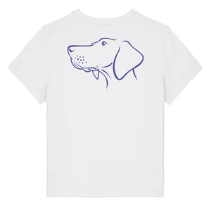 Blue outline illustration of the head of a Hungarian Vizsla on the back of a white ladies t-shirt