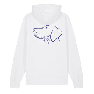 Blue outline illustration of the head of a Hungarian Vizsla on the back of a white unisex Hoodie