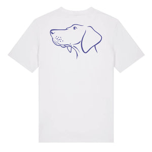 Blue outline illustration of the head of a Hungarian Vizsla on the back of a white unisex t-shirt