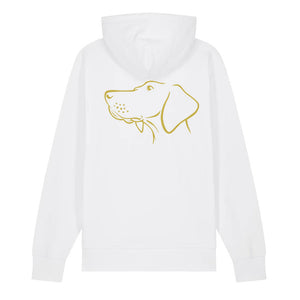 Gold outline illustration of the head of a Hungarian Vizsla on the back of a white unisex Hoodie