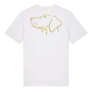 Gold outline illustration of the head of a Hungarian Vizsla on the back of a white unisex t-shirt