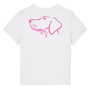 Magenta outline illustration of the head of a Hungarian Vizsla on the back of a white ladies t-shirt