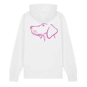 Magenta outline illustration of the head of a Hungarian Vizsla on the back of a white unisex Hoodie