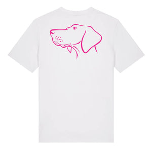 Magenta outline illustration of the head of a Hungarian Vizsla on the back of a white unisex t-shirt
