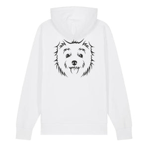 Black outline illustration of the head of a West Highland Terrier on the back of a white unisex Hoodie