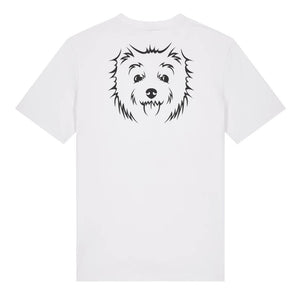 Black outline illustration of the head of a West Highland Terrier on the back of a white unisex t-shirt