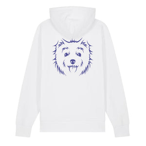 Blue outline illustration of the head of a West Highland Terrier on the back of a white unisex Hoodie