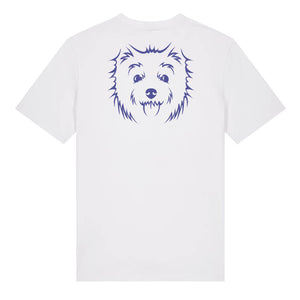 Blue outline illustration of the head of a West Highland Terrier on the back of a white unisex t-shirt