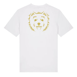 Gold outline illustration of the head of a West Highland Terrier on the back of a white unisex t-shirt