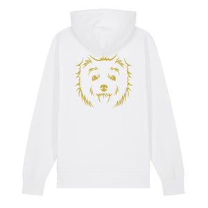 Gold outline illustration of the head of a West Highland Terrier on the back of a white unisex Hoodie