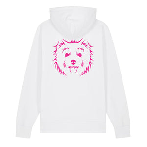 Magenta outline illustration of the head of a West Highland Terrier on the back of a white unisex Hoodie