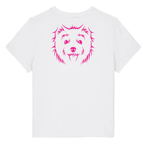 Magenta outline illustration of the head of a West Highland Terrier on the back of a white ladies t-shirt