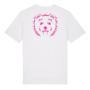 Magenta outline illustration of the head of a West Highland Terrier on the back of a white unisex t-shirt